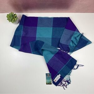 John Hanly Blue Purple Plaid Merino Wool Ireland Scarf New Fringe Soft